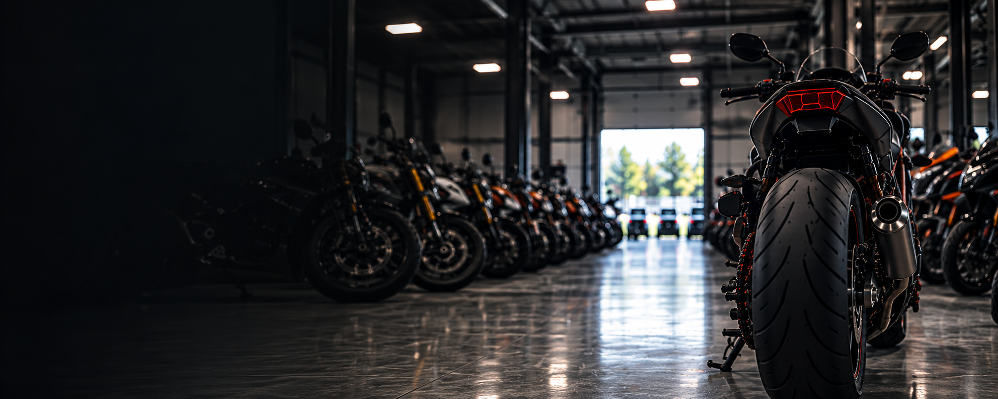 Rows of motorcycles inside a powersports warehouse